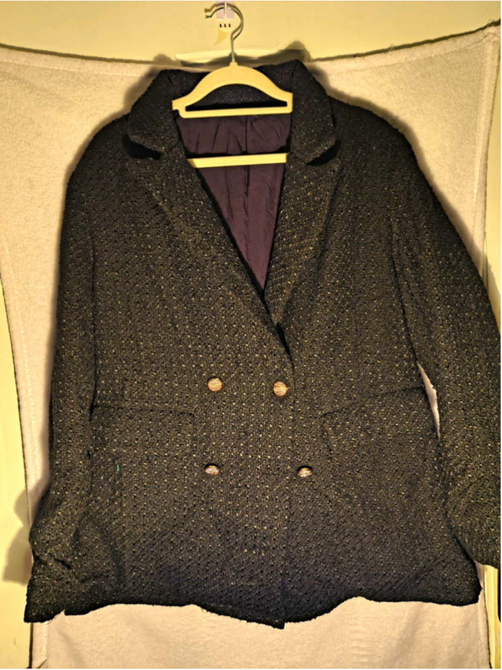 PrettyGarden Women's Black Tweed Double-Breasted Pea Coat Jacket Long Sleeve L